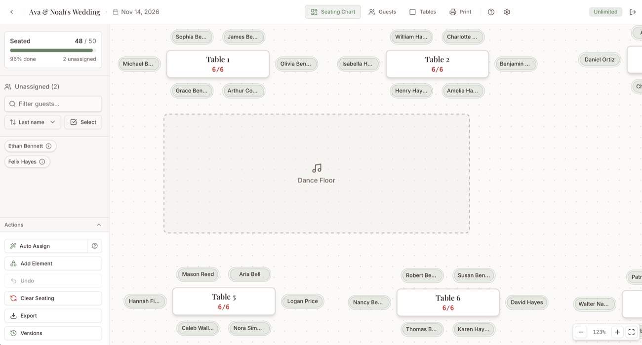 A wedding seating chart in Seatview: named tables filled with guests around a dance floor, bar, and head table.